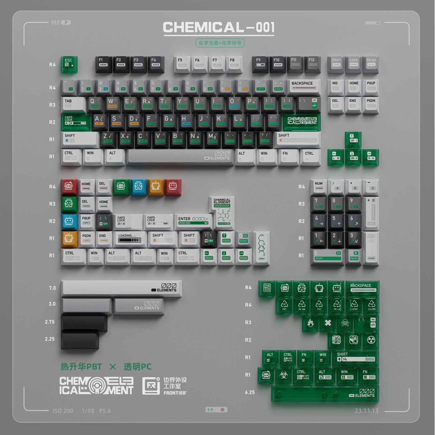 Chemical 001 full keycap kit arranged by row and key size