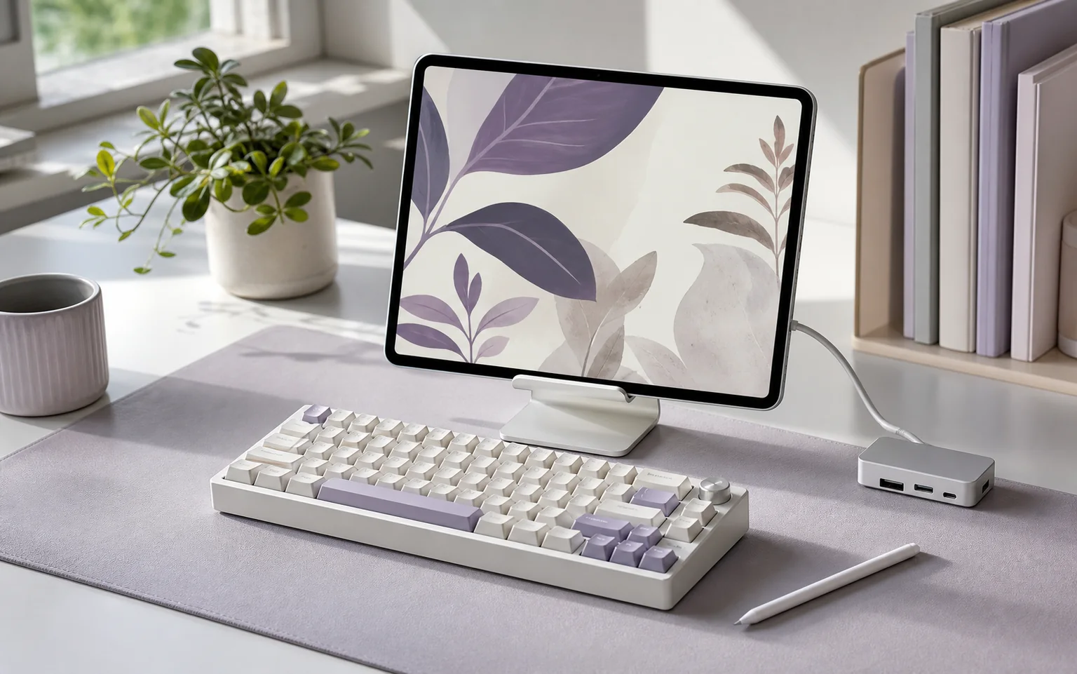 Bright tablet workspace with an ivory and lilac mechanical keyboard