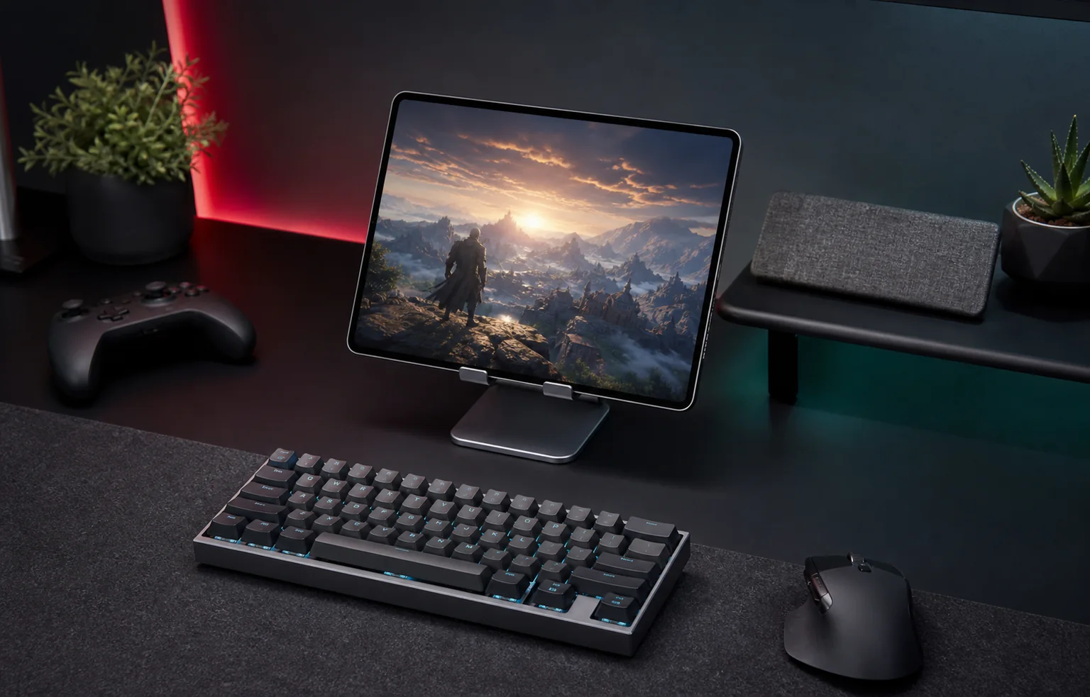 Tablet gaming desk setup with a compact aluminium keyboard and mouse