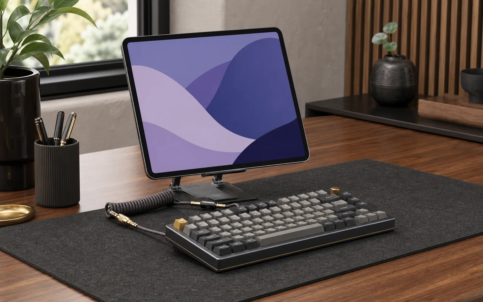 Premium tablet and aluminium mechanical keyboard on a warm timber desk